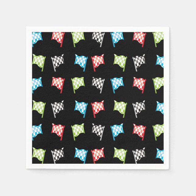 Colourful Racing Flags on Black Birthday Party Napkin (Front)