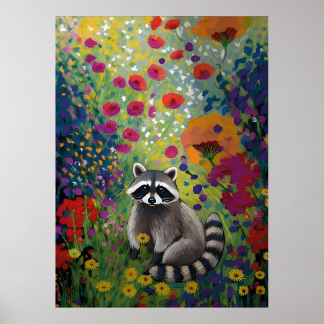 Colourful Racoon in Wildflower Garden Art Animal  Poster (Front)