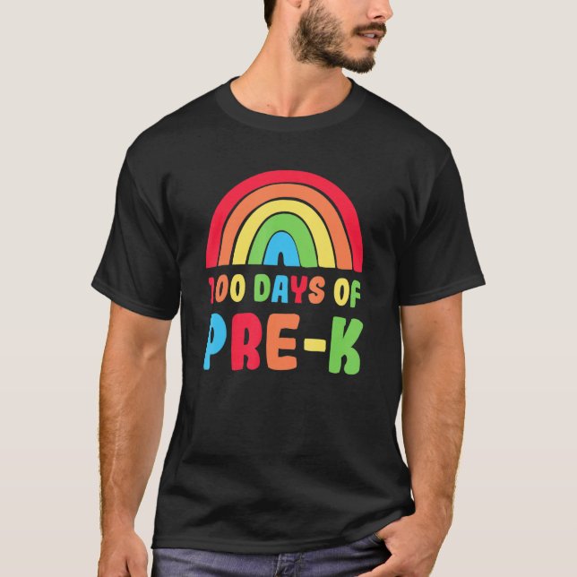 Colourful Rainbow 100 Days Of Pre K Day Of School T-Shirt (Front)