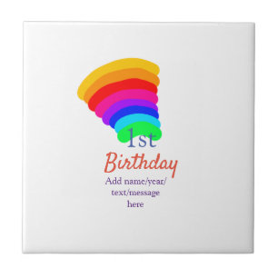 Colourful rainbow 1st birthday add date name messa ceramic tile