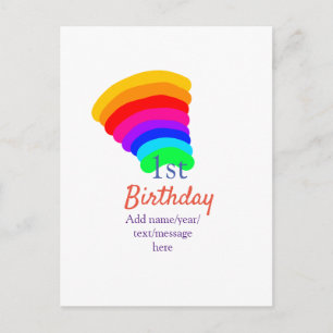 Colourful rainbow 1st birthday add date name messa postcard