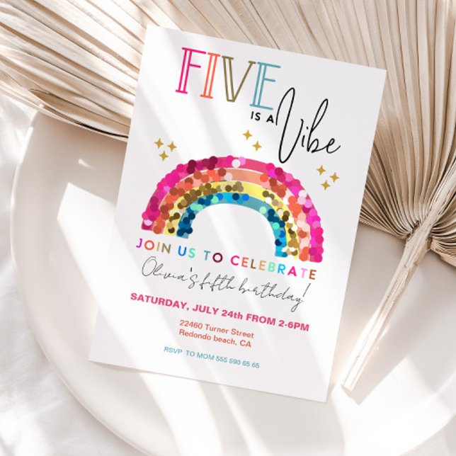 Colourful Rainbow 5th birthday FIVE is A VIBE  Invitation (Rainbow birthday invitation, Five is a vibe, sequin rainbow, 5th birthday girl)