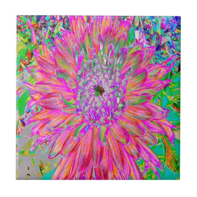 Colourful Rainbow Abstract Decorative Dahlia Flowe Ceramic Tile (Front)