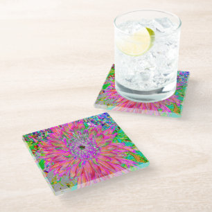Colourful Rainbow Abstract Decorative Dahlia Flowe Glass Coaster