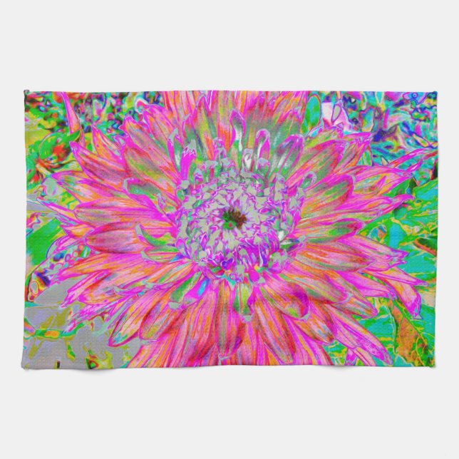 Colourful Rainbow Abstract Decorative Dahlia Flowe Tea Towel (Horizontal)
