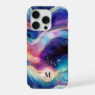Colourful rainbow agate glitter texture monogram iPhone 15 pro case
