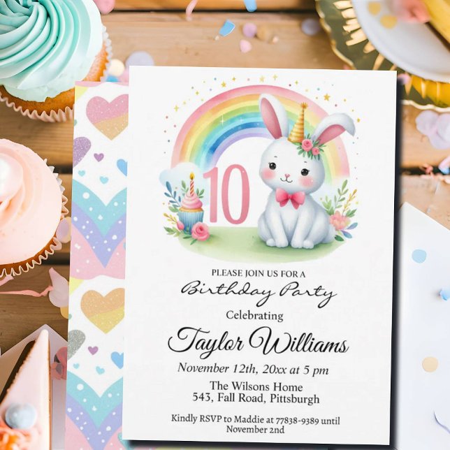 Colourful Rainbow and Bunny 10th Birthday Party Invitation (Creator Uploaded)