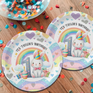 Colourful Rainbow and Bunny 1st Birthday Party Paper Plate