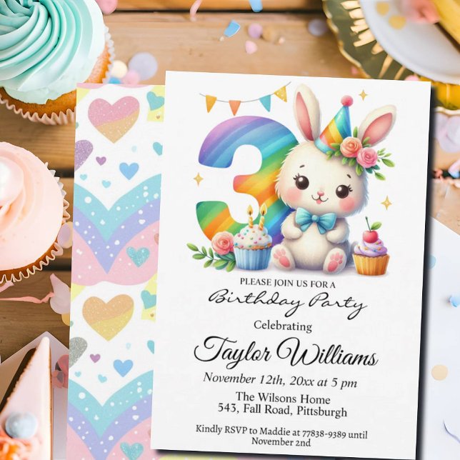 Colourful Rainbow and Bunny 3rd Birthday Party Invitation (Creator Uploaded)