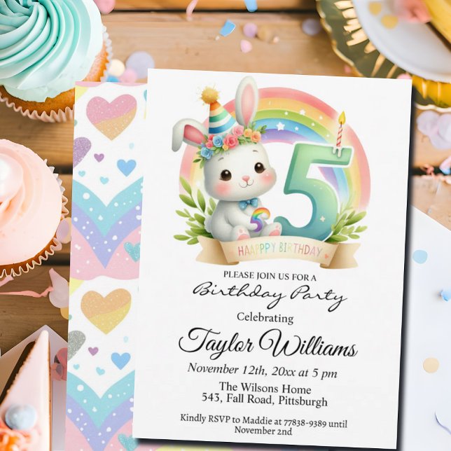 Colourful Rainbow and Bunny 5th Birthday Party Invitation (Creator Uploaded)