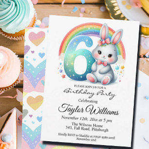 Colourful Rainbow and Bunny 6th Birthday Party Invitation