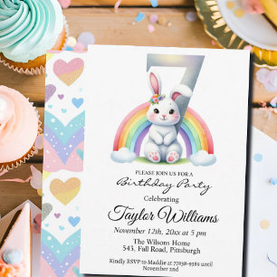 Colourful Rainbow and Bunny 7th Birthday Party Invitation
