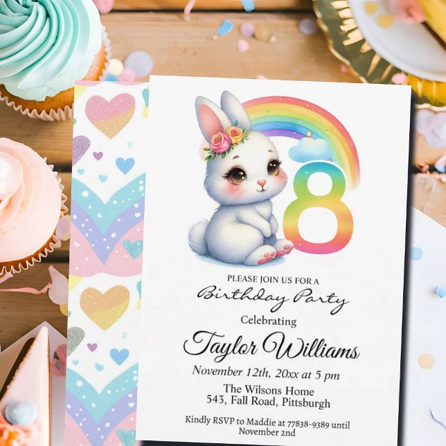 Colourful Rainbow and Bunny 8th Birthday Party Invitation (Creator Uploaded)