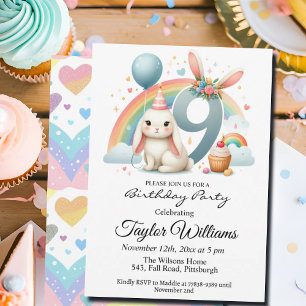 Colourful Rainbow and Bunny 9th Birthday Party Invitation