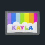 Colourful rainbow and cloud name wallet<br><div class="desc">Encourage saving with this colourful bright kids wallet,  personalise with your own 5 letter name or nickname. Currently reads Kayla. Uniquely designed by Sarah Trett.</div>