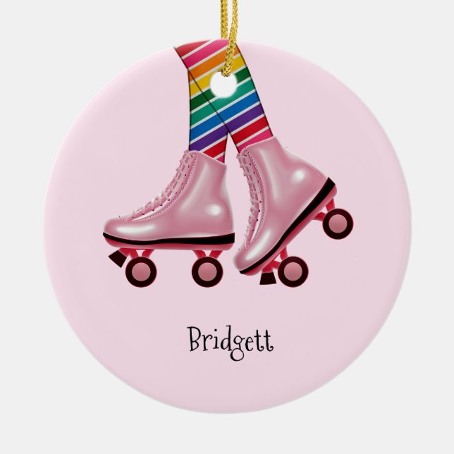 Colourful Rainbow and Pink Roller Skates Ceramic Ornament (Front)