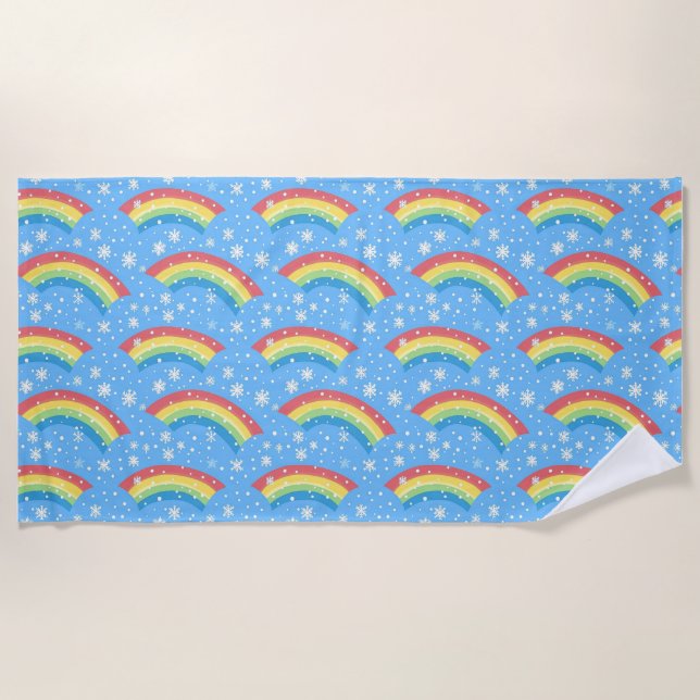 Colourful Rainbow and Snowflake Pattern Beach Towel (Front)