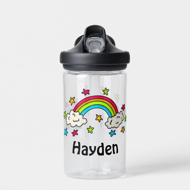 Colourful Rainbow and Stars Kids Name Water Bottle (Front)