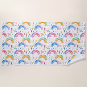Colourful Rainbow and Tree Seamless Pattern Beach Towel