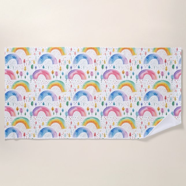 Colourful Rainbow and Tree Seamless Pattern Beach Towel (Front)