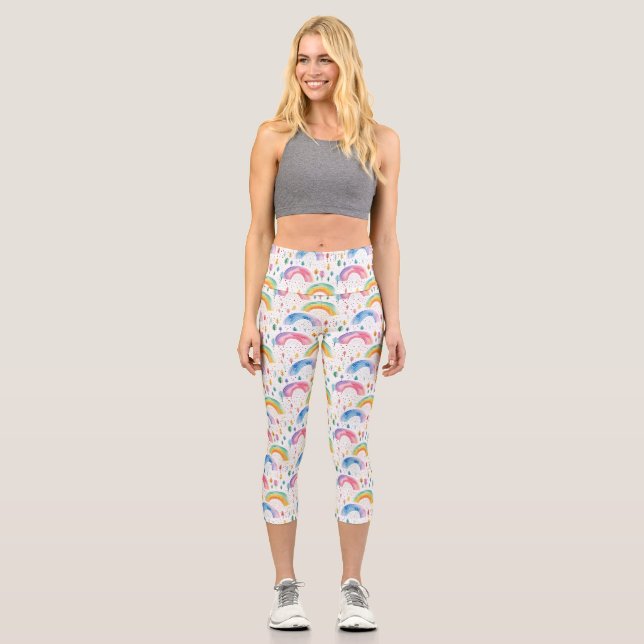 Colourful Rainbow and Tree Seamless Pattern Capri Leggings (Front)