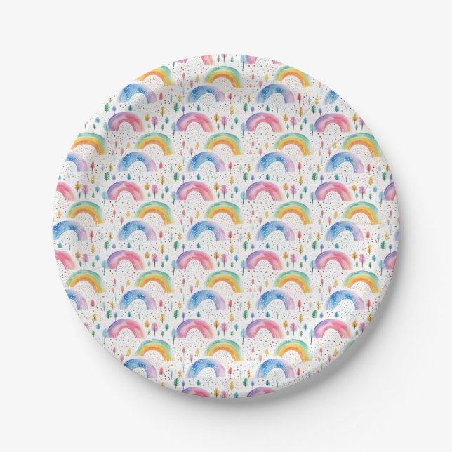 Colourful Rainbow and Tree Seamless Pattern Paper Plate (Front)