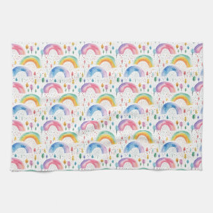 Colourful Rainbow and Tree Seamless Pattern Tea Towel