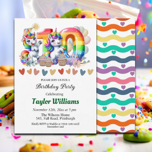 Colourful Rainbow and Unicorn 10th Birthday Party Invitation
