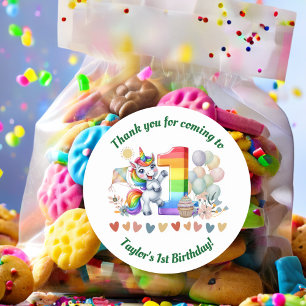 Colourful Rainbow and Unicorn 1st Birthday Party Classic Round Sticker