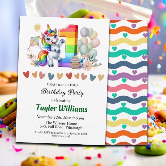 Colourful Rainbow and Unicorn 1st Birthday Party Invitation (Creator Uploaded)