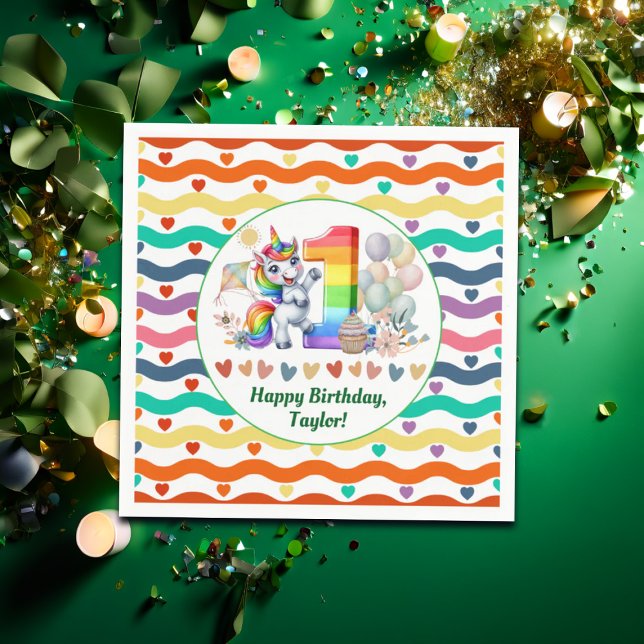 Colourful Rainbow and Unicorn 1st Birthday Party Napkin (Creator Uploaded)