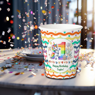Colourful Rainbow and Unicorn 1st Birthday Party Paper Cups