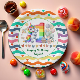 Colourful Rainbow and Unicorn 1st Birthday Party Paper Plate