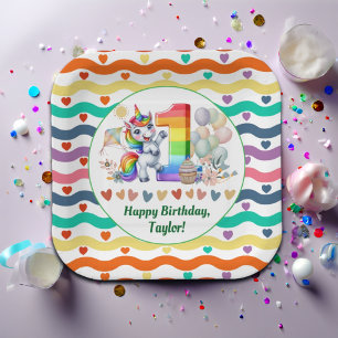 Colourful Rainbow and Unicorn 1st Birthday Party Paper Plate