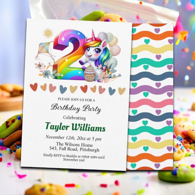 Colourful Rainbow and Unicorn 2nd Birthday Party Invitation (Creator Uploaded)