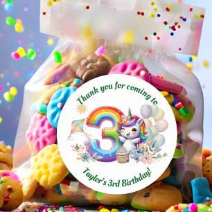 Colourful Rainbow and Unicorn 3rd Birthday Party Classic Round Sticker