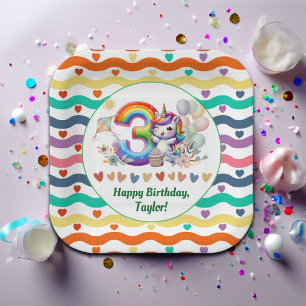 Colourful Rainbow and Unicorn 3rd Birthday Party Paper Plate