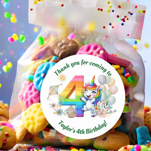 Colourful Rainbow and Unicorn 4th Birthday Party Classic Round Sticker