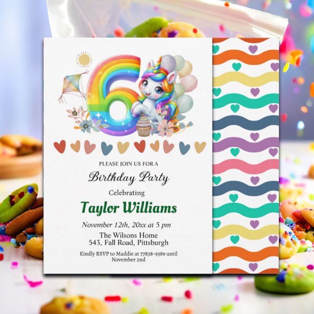 Colourful Rainbow and Unicorn 6th Birthday Party Invitation (Creator Uploaded)