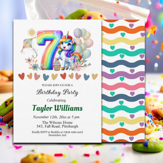 Colourful Rainbow and Unicorn 7th Birthday Party Invitation (Creator Uploaded)