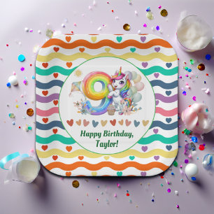 Colourful Rainbow and Unicorn 9th Birthday Party Paper Plate