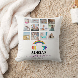 Colourful Rainbow Baby First Year Photo Collage Cushion