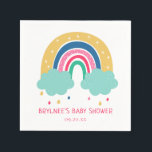 Colourful Rainbow Baby Shower Napkin<br><div class="desc">Cute colourful illustrated rainbow,  personalised paper napkins. Colourful abstract doodle rainbow,  clouds,  doodle shapes and raindrops. Template provides two lines for your custom text in coordinating pink colour.</div>