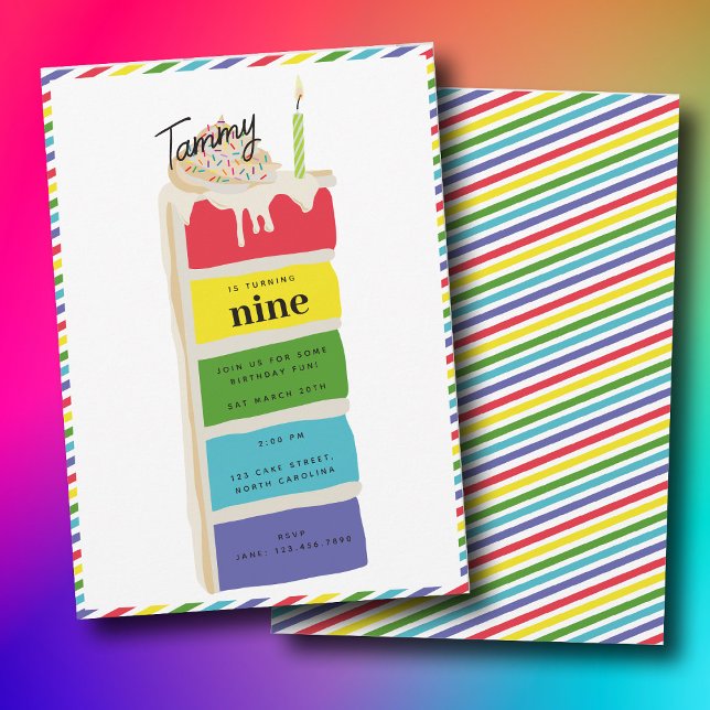 Colourful Rainbow Birthday Cake Kids Birthday Part Invitation (Colorful Rainbow Birthday Cake Kids Birthday Party Invitation)