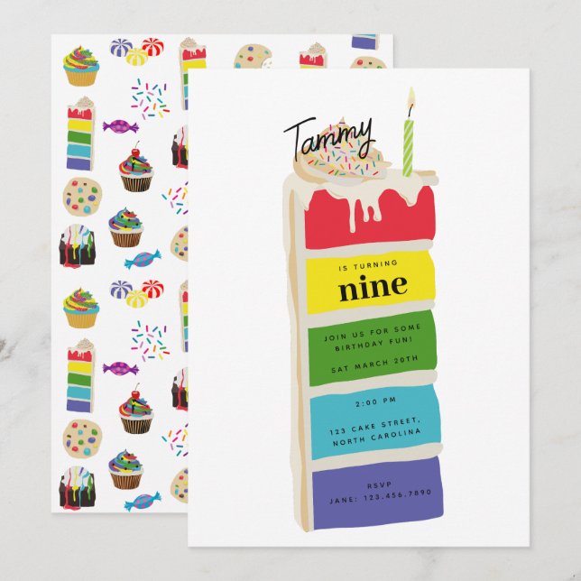 Colourful Rainbow Birthday Cake Kids Birthday Part Invitation (Front/Back)