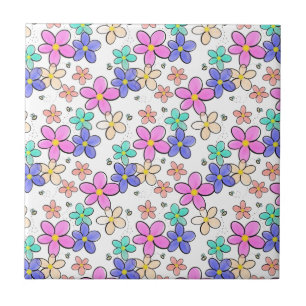 colourful rainbow bright flowers bumble bees flora ceramic tile