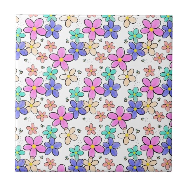 colourful rainbow bright flowers bumble bees flora ceramic tile (Front)