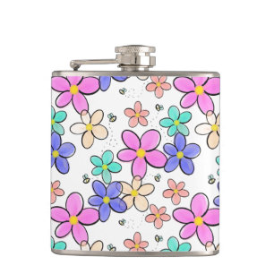 colourful rainbow bright flowers bumble bees flora hip flask