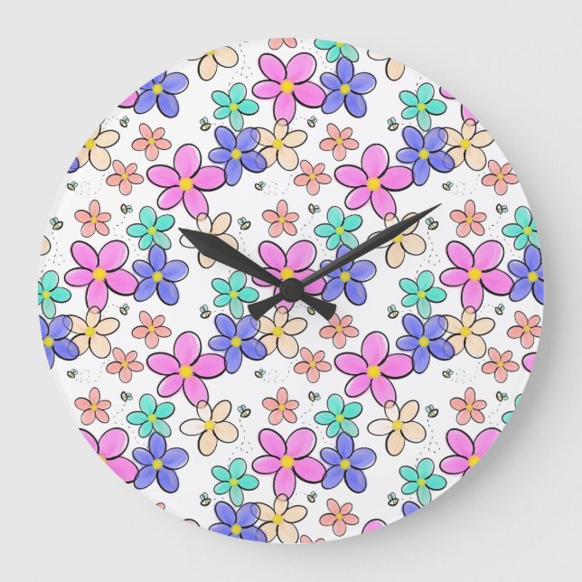 colourful rainbow bright flowers bumble bees flora large clock (Front)