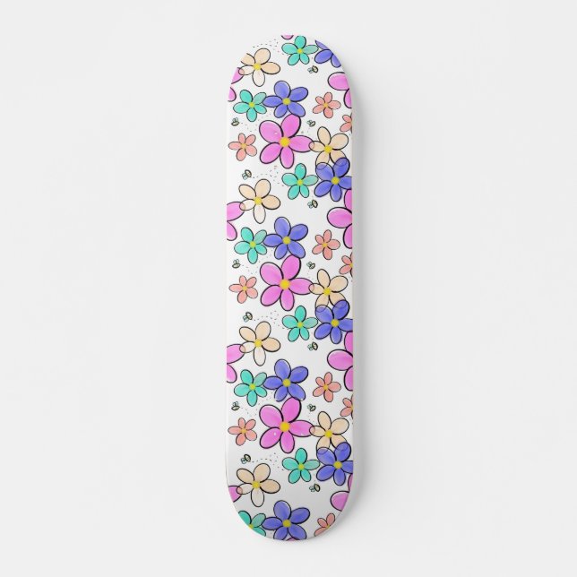 colourful rainbow bright flowers bumble bees flora skateboard (Front)
